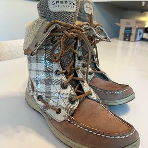 7.5 Sperry Fold Down Sequin White Plaid Shoes